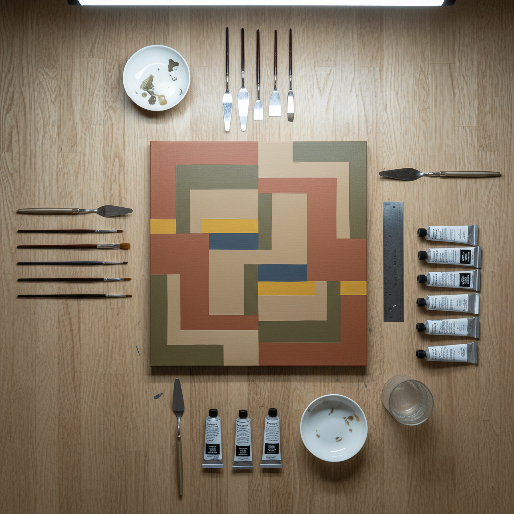 An immaculate artist’s worktable in Max Shamin’s studio, covered with neatly arranged painting tools and a partially completed canvas laid flat. The canvas shows a precise, geometric composition of interlocking rectangles in muted earth tones, mustard yellow, and slate gray, with crisp edges and smooth, matte surfaces. Around it, high-quality brushes, metal palette knives, porcelain mixing dishes, and small labeled tubes of paint rest on a clean, light oak tabletop. Overhead, cool, even studio lighting eliminates harsh shadows, making every detail clearly visible. Shot from a directly overhead, bird’s-eye perspective in photographic realism, the composition is carefully balanced and symmetrical, conveying methodical craftsmanship, discipline, and the professional process behind each finished artwork.